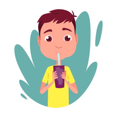 Çocuk kahvaltı yapıyor ya da öğle yemeği yiyor. İçki içen çocuk. Çocuklar yemeklerden hoşlanır. Beslenme alışkanlıkları