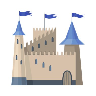 Ortaçağ krallığı kalesi ya da kraliyet kalesi. Orta Çağ 'ın peri masalı tarihi dönemi. Vektör oluşturma dış tasarım