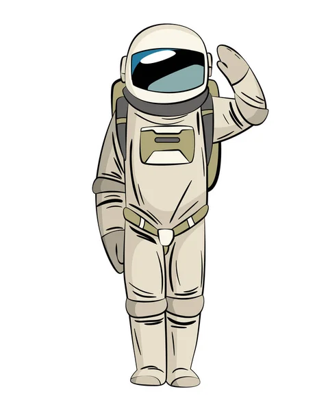 Astronauta lub kosmonauta w skafandrze kosmicznym unoszącego się w nieważkości. Ręcznie rysowany kosmonauta do druku t-shirtów. Ludzie odkrywający wszechświat — Wektor stockowy