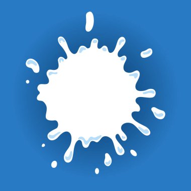 Damlaları ve damlaları olan süt etiketi. Yaratıcı paketin süt rozeti. Sıvı amip şekli. Vektör tasarımı süt sembolü. Metin için yeri olan arkaplan