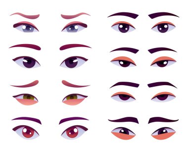 Yüz yapım elementi, kafa parçalı avatar oluşumu. Vektör karikatür set gözleri ve kaşları. Beyaz arkaplanda izole edilmiş yüz jeneratörü için kafa parçaları paketi