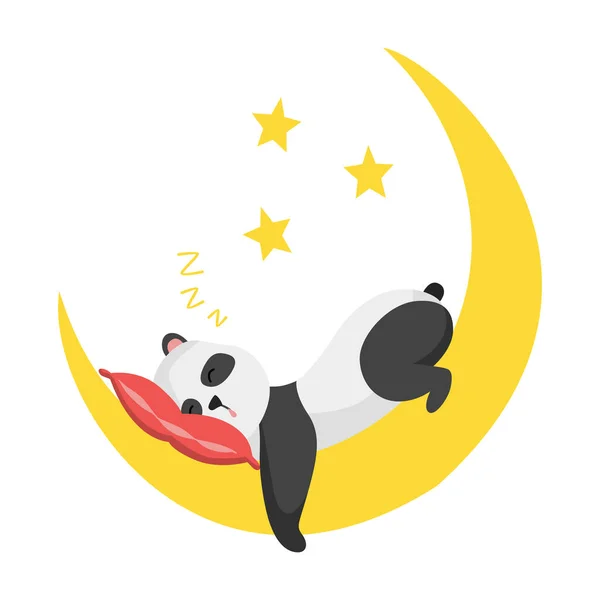Panda björn sover på månen och kudden. Söt stor panda karaktär. Asiatiska tecknade vilda djur. Bedårande djungel vilda däggdjur — Stock vektor