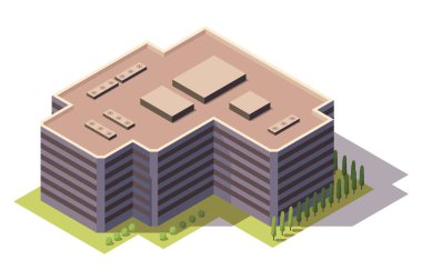 Ofisler izometrik. Mimarlık, iş merkezinin ön cephesi. Bilgi elemanı. Mimari vektör 3d illüstrasyon