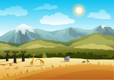 African safari flat vector banner concept. Beautiful nature landscape with cartoon animal characters. Tropical tourism, exotic recreation poster. Wilderness savannah illustration
