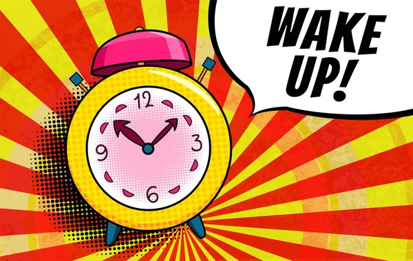Comic alarm clock. Pop art colorful and dynamic cartoonish icon in retro style. Vector bright cartoon object with halftone dots shadow and expression wake up in speech bubble — Stockový vektor