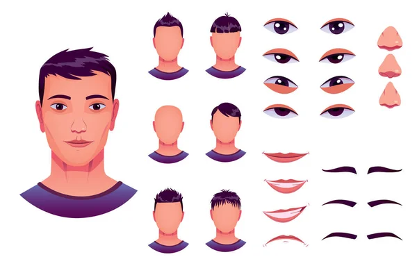 Boy face construction, avatar creation with different head parts. Vector cartoon set of young man or male eyes, noses, brows and lips. Head pack for face generator isolated on white background — Image vectorielle