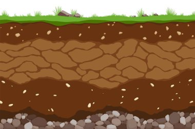 Toprak katmanlarının yüzey ufku. Organik madde ve taş karışımı bir dünya yapısı. Paleontolojik arka plan düz çizgi film. Çizimsel jeoloji