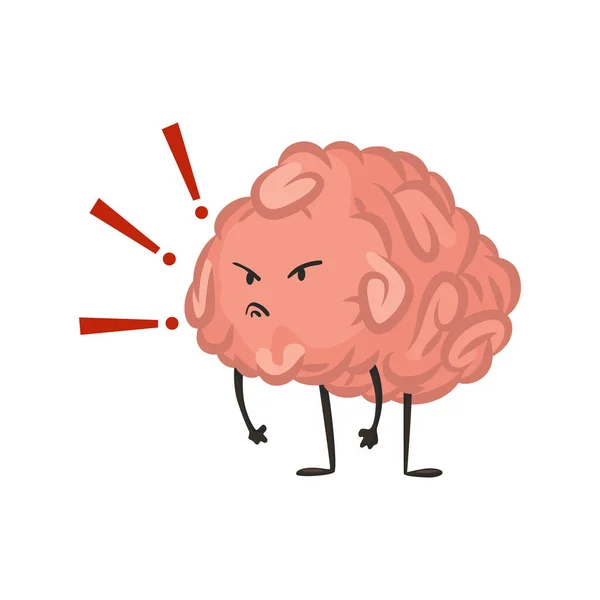 Brain character emotion. Intelligence emoji is angry. Cute hero brain emoji isolated on white background. Funny cartoon emoticon — Vettoriale Stock