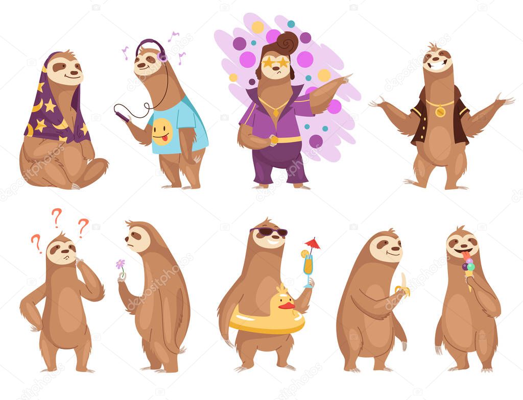 Sloth character. Cute cartoon sloth-bear character set. Funny lazy animal hand drawn clip art illustration. Jungle rainforest sloths. Tropical mammals or adorable sloths.