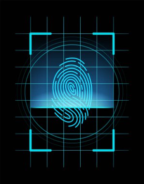 Parmak izi tanımlaması. Fütürist teknoloji. Parmak izi, güvenlik veya tanımlama sistemi konsepti, vektör illüstrasyonu tara. Biyometrik veri tasarımı. Başparmak çizgilerinin güvenlik sistemi.