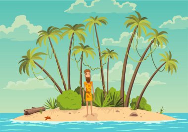 Robinson Crusoe Adası. Okyanustaki ıssız adada ve hindistan cevizi ağaçlarında bir adam. Tropik cennet manzarası, kumlu plaj düz çizgi film çizimi. Gemi enkazı adam.