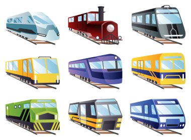 Train engine flat cartoon collection. Railroad passenger trains and carriages. Train transport railway, carriage travel, wagon transportation passenger.