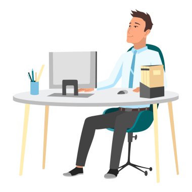 Office worker dreaming about vacation. Business man is relaxing and dreaming about something at his work place. Modern office interior. Business concept.