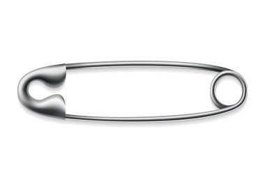 Safety pin icon. Metal sewing tool for fasten pieces of clothing together. Vector design of closed silver or stainless steel safety pin on white background.