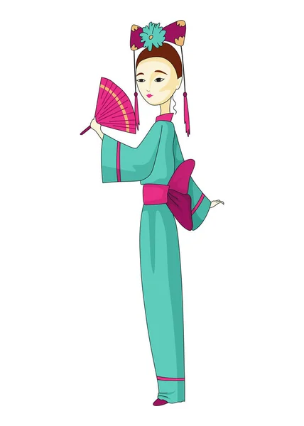 Japanese Girl Standing Kimono Women Traditional Style Costume Full Length — Διανυσματικό Αρχείο