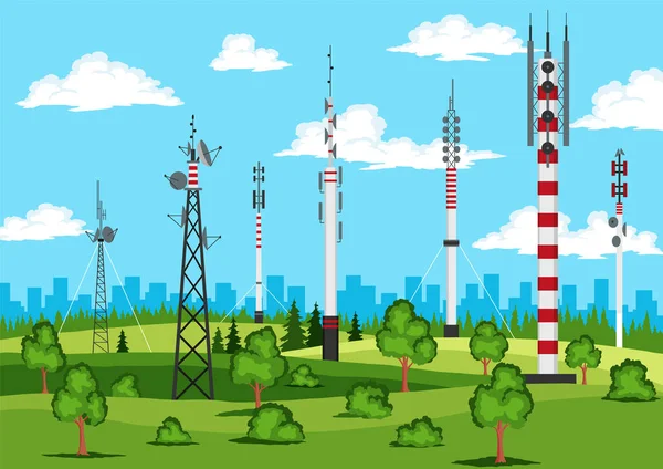 Communicatietorens Het Natuurlandschap Draadloze Antennes Cellulaire Wifi Radiostation Uitzenden Internet — Stockvector