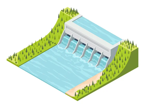 Hydro Power Isometric Hydroelectric Power Plant Alternative Energy Concept Factory — Vector de stock