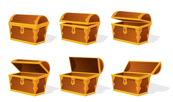 Chest Animation Empty Old Wooden Chest Gold Treasure Set Cartoon — Stockový vektor