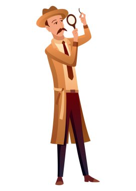 Erkek özel dedektif ya da müfettiş suçları araştırır ve kanıt arar. Büyüteç karikatür düz stili dedektif karakteri. Şapka ve ceket çözme müfettişi.