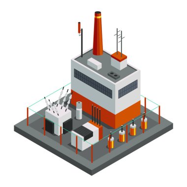 Energy power grid isometric. Power distribution element with electric transformer and new power station. Electric transmission network providing energy supply.