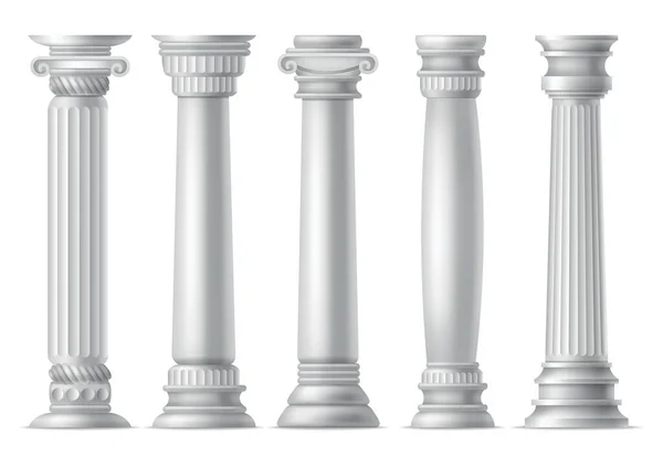 アンティークの柱 リアルなアイコンセット ファサードデザインのためのねじれや溝の装飾とローマやギリシャ建築の古典的な石の柱 — ストックベクタ