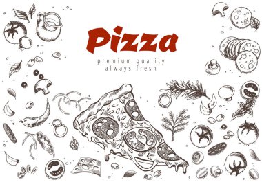 Pizza hattı afişi. Kabartmalı karalama arkaplanı. Soslu pizza reklamları. Kafe, restoran veya yemek dağıtım servisi için lezzetli vektör pankartı.