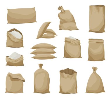 Burlap farmer bag set with flour, rice or salt. Farm production in brown textile bales, closed and open sacks with white product inside. Cartoon vector icons isolated on white background.