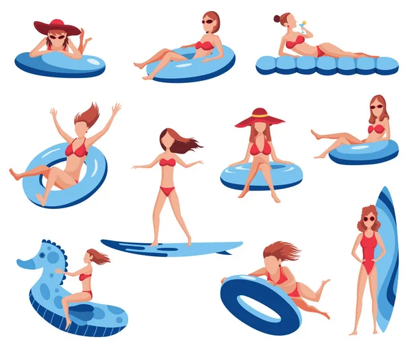 Set Young Womans Float Air Mattress Fun Female Characters Hat — Archivo Imágenes Vectoriales