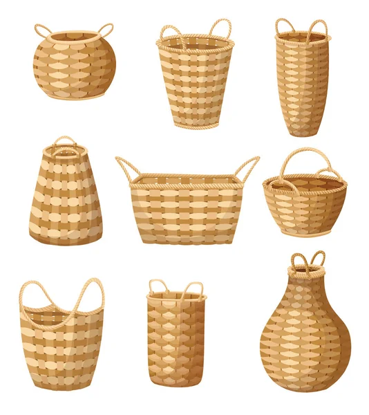 Wicker Basket Icon Set Collection Containers Hand Woven Decorative Accessories — Stockvektor