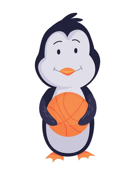 Cute Penguin Stands Basketball Funny Draw Character Cartoon Style Adorable — ストックベクタ