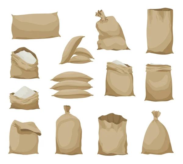 Burlap Farmer Bag Set Flour Rice Salt Farm Production Brown — Stockvector