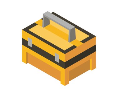 El aletleri için Isome marka alet çantası. Tamirat için ayrıntılı bir araç simgesi. İnşaatçı aletinin vektör ekipmanı. Beyaz arkaplanda araç malzemeleri.