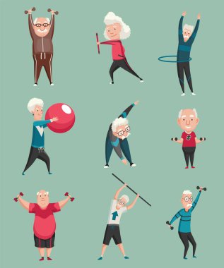 Old people exercises. Healthy active lifestyle of older people cartoon set. Elderly people doing morning gymnastics. Older people lead a healthy life. Sport and leisure.