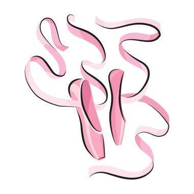 Bale aksesuarı. Saten ya da ipek kurdeleli pembe noktalı ayakkabılar. Vektör el çizim biçimi nesnesi.