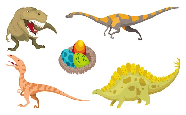 Set Cute Dinosaurs Cartoon Characters Flat Style Prehistoric Little Monster — Wektor stockowy