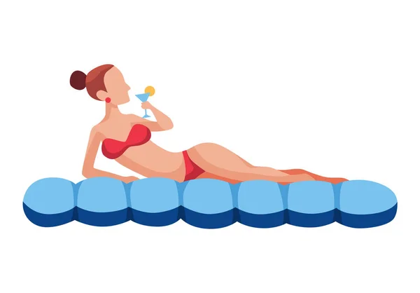 Woman Float Air Mattress Fun Female Character Young Lady Swimming — Vector de stock