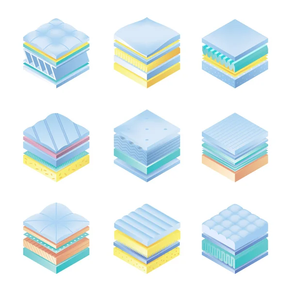 Layered Orthopedic Mattress Icon Set Isometric Bed Section Layers Fabric — Archivo Imágenes Vectoriales