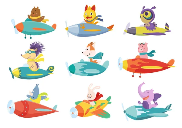 Set of cute baby animals cat, elephant, bear on airplanes. Collection of funny pilots fox, pig and owl flying on planes. Cartoon vector characters flying on retro transport.