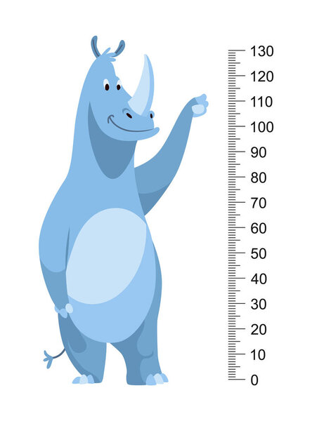 Height measure with growth ruler chart with cute cartoon rhinoceros animal. Funny kids meter, wall scale from 0 to 130 centimeter to measure growth. Children room wall sticker as interior decor.