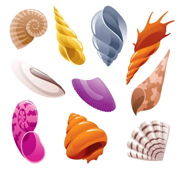 Set Sea Shells Colorful Tropical Shell Underwater Icons Cartoon Marine — Vettoriale Stock