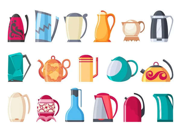 Collection Kettles Decorative Kitchen Tool Icons Teapots Isolated Cartoon Illustration — Stock Vector