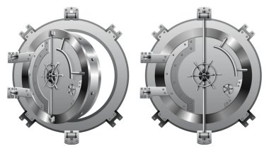 Banka kasa kapısı seti. Metal çelik kapı açık ve kapalı, kaynaklı ve perçinli izole mekanizma. Büyük metal yuvarlak güvenli doosr. Gates mekanizması.