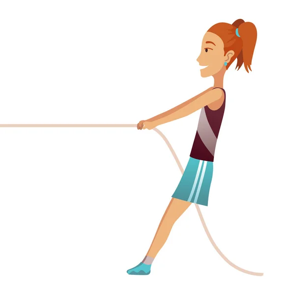 Kid Pulling Rope Girl Game Tug War Children Competition Happy — Vector de stock