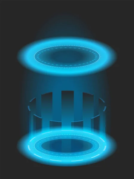 Teleport Blue Glow Rays Sparks Neon Energy Circles Portal Podium — Stok Vektör