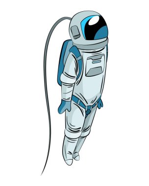 Astronot ya da uzay giysili kozmonot ağırlıksız yüzüyor. Tişört izi tasarımı için el çizimi uzay adamı. Evreni keşfeden insanlar.