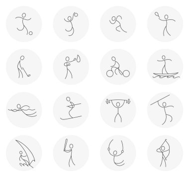 Spor simgeleri ayarlandı. Web ya da uygulama için izole edilmiş spor teması işaretleri. Düzenlenebilir felç şablonu. Tarzlı sporcu piktogramı, insanların çizdiği karalamalar.