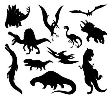 Dinozor siluetleri ayarlandı. Dinozor canavarları simgeleri. Gerçek hayvan suretinde. Tarih öncesi sürüngenlerin çizimi. Vektör illüstrasyonu beyaza izole edildi. El çizimi çizimler.