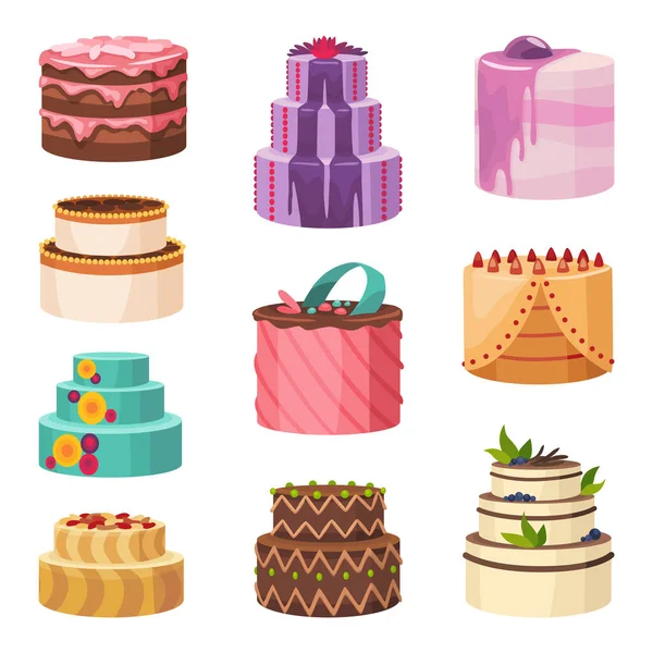 Cake Icons Collection Sweet Baked Desserts Icing Pie Wedding Holiday — Vettoriale Stock