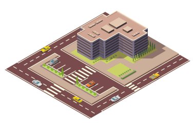 Offices isometric. Architecture building facade of business center. Infographic element. Architectural vector 3d illustration. City house composition with roads and parking.