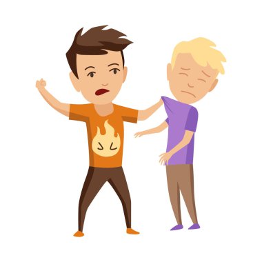 Çocuklar zorbalık yapıyor. Çocuklar arasındaki çocuksu zorbalar ya da sözlü ve fiziksel çatışmalar. Kötü çocuk davranışı, korkmuş ve güçlü öfkeli çocuk çatışması, çizgi film karakterleri yüzleşmesi.